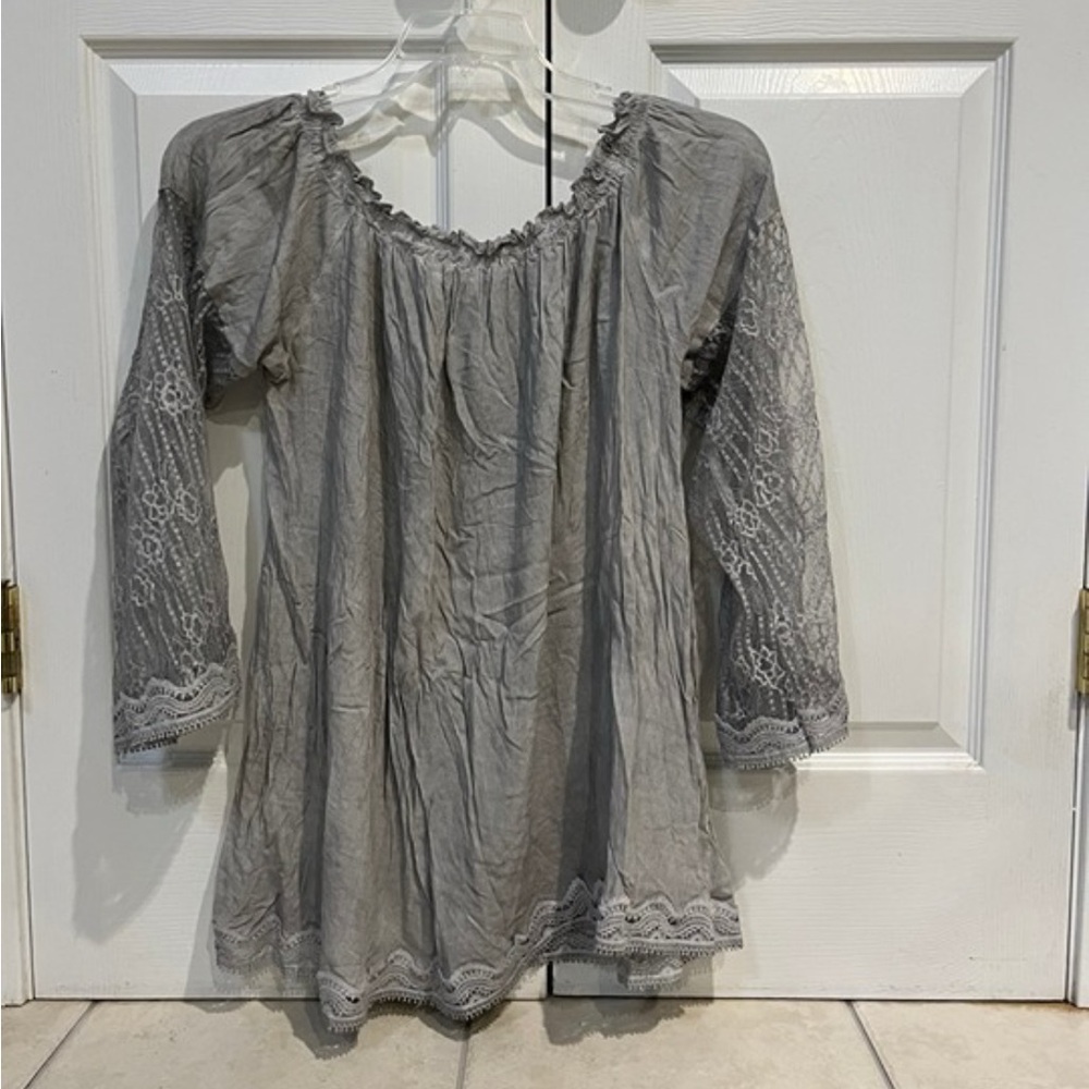 LADIES SIZE S POL GRAY LACE SLEEVE TUNIC TOP BLOUSE